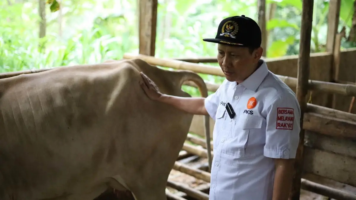 Anggota Komisi IV DPR RI Fraksi Partai Keadilan Sejahtera (PKS) drh Slamet di kandang sapi Kelompok Tani Sejahtera di Desa Balekambang, Kecamatan Kalibunder, Kabupaten Sukabumi. | Foto: Istimewa