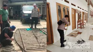 Warga dan aparat gotong royong membersihkan dan memperbaiki rumah singgah di Cidahu Sukabumi pascainsiden perusakan. (Sumber: polsek)