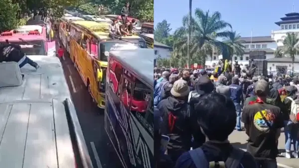 Bus Pariwisatawa kepung gedung sate Bandung Jawa Barat. Demo Pekerja wisata tuntut cabut aturan larangan study tour (Sumber: dok warganet)