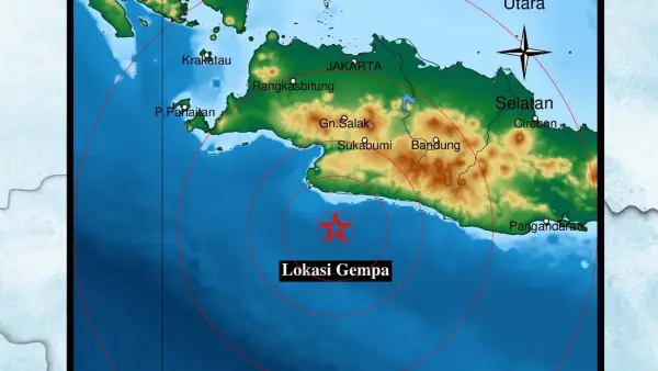 Episenter gempa laut dangkal M3,3 yang terasa di Ciracap dan Surade Sukabumi, Senin (21/7/2025) pukul 13.41 WIB. (Sumber Foto: BMKG)
