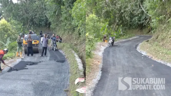 Proses pengaspalan jalan di ruas Cisolok–Gunungkaramat, Kecamatan Cisolok, Kabupaten Sukabumi. Proyek sepanjang 475 meter ini telah dirampungkan oleh Dinas PU Sukabumi melalui UPTD PU Palabuhanratu. (Sumber Foto: Istimewa)