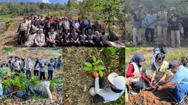 Mahasiswa KKN Universitas Nusa Putra dan IPB bersama masyarakat menanam 250 pohon di kawasan eks kebun teh Tybar, Cisolok, Kabupaten Sukabumi, Selasa (23/7/2025). (Sumber Foto: Istimewa)