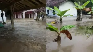 Penampakan air sungai Cibeureum saat meluap ke permukiman warga di Desa Rambay, Cidolog, Kabupaten Sukabumi | Foto : Dok. Pemdes Rambay