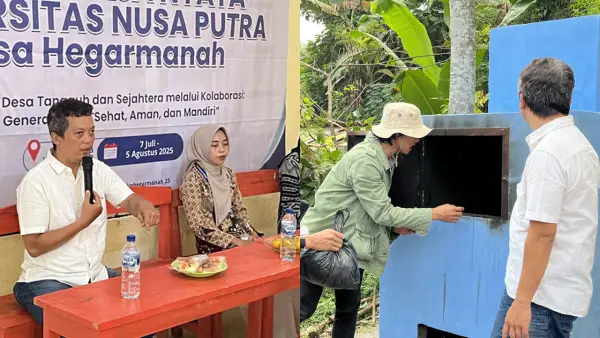 KKN Nusa Putra hadirkan Rocket Stove, alat pembakaran sampah ramah lingkungan di Desa Hegarmanah, Cicantayan, Kabupaten Sukabumi | Foto : Dok. Mahasiswa KKN