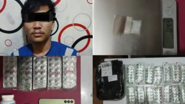 Tampang pemuda pengedar narkoba beserta barang bukti sabu hingga ribuan butir obat keras yang diamankan Satuan Reserse Narkoba Polres Sukabumi Kota. (Sumber Foto: Istimewa)