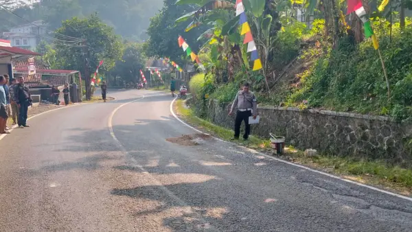 TKP pemotor tewas tertabrak truk di tikungan Bantargadung, Jalan Raya Palabuhanratu-Sukabumi, Minggu (3/8/2025) pagi. (Sumber Foto: Dok. Polres Sukabumi)
