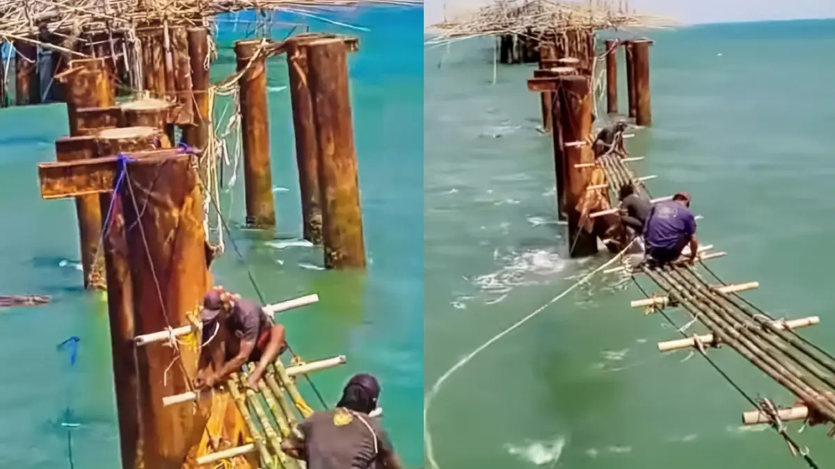 Foto viral, nelayan tegalbuleud sambung nadi menuju paratag di bekas dermaga pasir besi