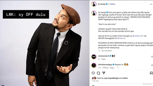 Tangkapan layar akun instagram dr_tompi:Tekanan publik bisa memaksa Lembaga Manajemen Kolektif (LMK) untuk berbenah dengan meningkatkan transparansi sistem royalti.. (Sumber : Instagram/@dr_tompi).