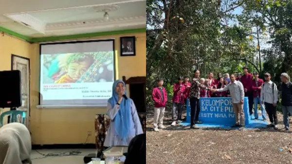 Kolase Foto Mahasiswa KKN Nusa Putra saat melakukan penyuluhan cegah stunting dan penyerahan hasil pembangunan TPS sementara di Desa Citepus. (Sumber Foto: Istimewa)
