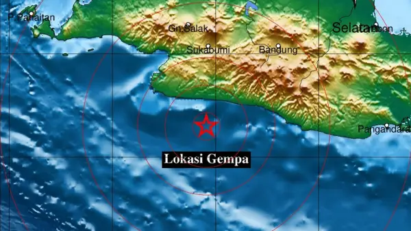Episenter gempa dangkal M 4,4 yang mengguncang Sukabumi dan sekitarnya pada Jumat (15/8/2025) pukul 00:35 WIB. (Sumber Foto: BMKG)