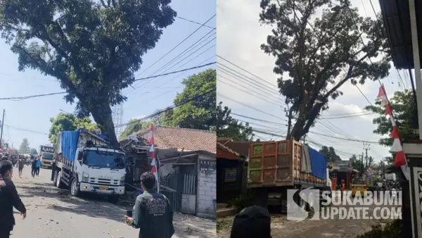 Truk tambang tabrak pohon di jalan raya palabuhan II Lembursitu Kota Sukabumi (Sumber: dok warganet)