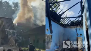 Kebakaran melanda sebuah rumah semi permanen di Kampung Pandawa RT 008/002, Desa Sukamanah, Kecamatan Cimanggu, Kabupaten Sukabumi, Minggu (17/8/2025) pagi. (Sumber Foto: Istimewa)
