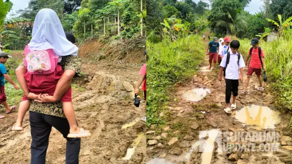 Puluhan siswa saat melintasi jalan rusak di Bangbayang Kabupaten Sukabumi | Foto : Ragil Gilang