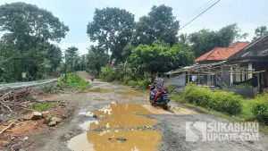 Kondisi jalan Ciawet–Cibenda di Desa Mekarsari, Kecamatan Ciracap, Kabupaten Sukabumi, Selasa (19/8/2025). (Sumber : SU/Ragil)