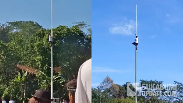 Momen Yusup Saepudin, guru honorer asal Sukabumi yang terekam video tengah memanjat tiang bendera setinggi 12 meter demi menyelamatkan jalannya upacara HUT ke-80 RI. (Sumber Foto: Istimewa)