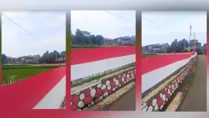 Kain merah putih sepanjang 100 meter membentang di kampung Liungtutut Ciaul Cisarua Kota Sukabumi (Sumber: dok karta)