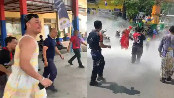 Maskih pakai daster, petugas pemadam kebakaran (Damkar) Kabupaten Sukabumi saat menangani kebakaran motor di depan RSUD Palabuhanratu, Jumat (22/8/2025) | Foto : Capture video warga