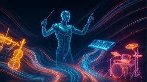 Ilustrasi - AI music generator seperti Suno atau Udio tidak hanya menciptakan melodi, tetapi juga mengorkestrasi setiap elemen musik layaknya seorang komposer digital. (Sumber : AI/ChatGPT).