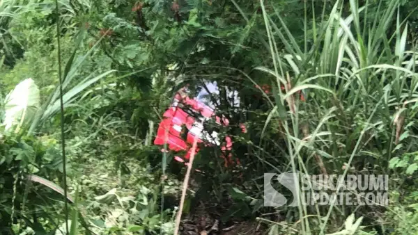 Mobil Toyota Calya bernomor polisi F 1527 OS berada di dalam jurang di Jalan Cisarakan, Desa Loji, Kecamatan Simpenan, Kabupaten Sukabumi, Kamis (28/8/2025). | Foto: Polsek Simpenan