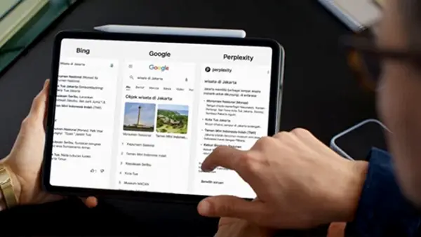 Ilustrasi - Kolase screenshot antarmuka Google AI Mode, ChatGPT, dan Perplexity.ai yang menampilkan jawaban untuk pertanyaan yang sama. (Sumber : AI/ChatGPT, Mockup: Canva).