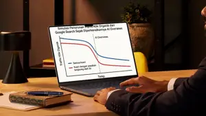 Ilustrasi - Sebuah grafik garis yang menunjukkan tren penurunan traffic organik dari Google Search untuk kueri informasional, dengan tanda panah tajam ke bawah tepat pada titik peluncuran AI Overviews/AI Mode. (Sumber : canva).