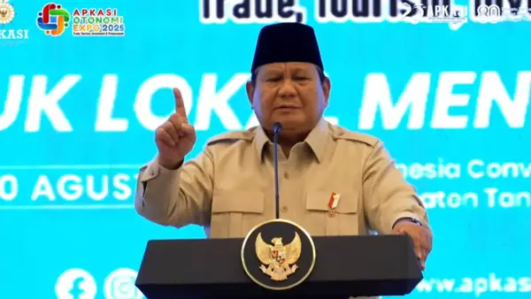Presiden Prabowo saat pidato di pembukaan Asosiasi Pemerintah Kabupaten Seluruh Indonesia (APKASI) Otonomi Expo Tahun 2025, Kabupaten Tangerang, Banten, Kamis (28/8/2025) | Foto : Apkasi Official