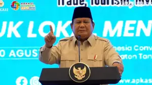 Presiden Prabowo saat pidato di pembukaan Asosiasi Pemerintah Kabupaten Seluruh Indonesia (APKASI) Otonomi Expo Tahun 2025, Kabupaten Tangerang, Banten, Kamis (28/8/2025) | Foto : Apkasi Official