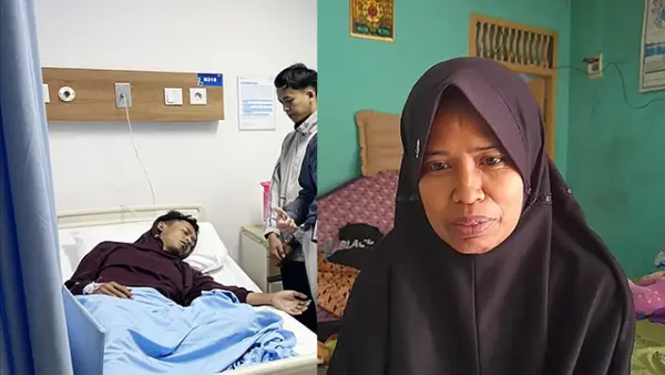 Santi (42), kakak pertama Umar saat membeberkan kondisi adiknya saat ini yang menjadi korban kerusuhan Demo DPR pada Kamis 28 Agustus 2025. (Sumber : Istimewa/Sukabumiupdate.com.).