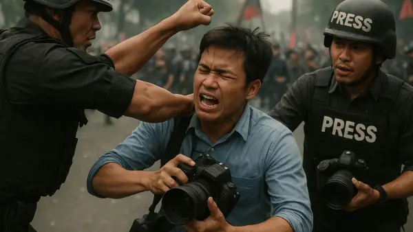 Ilustrasi dua Jurnalis Foto alami kekerasan saat meliput aksi demontrasi DPR di Jakarta, Kamis 28 Agustus 2025 | Foto : By ChatGPT