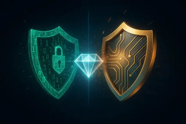 Pertarungan metaforis antara dua password manager terkemuka: Bitwarden dan 1Password, memperebutkan kunci utama digital. (Sumber : AI: ChatGPt)