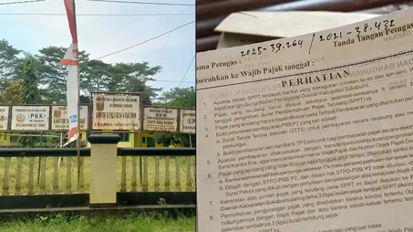 Kantor Desa Kadaleman, Surade (Kiri) dan Screenshot Video dugaan adanya penyelewengan pembayaran PBB (Kanan). (Sumber : SU/Ragil Gilang/Facebook Uswatul Zazilah)