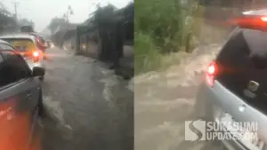 Kondisi banjir di jalur Salabintana, Kabupaten Sukabumi,  pada Jumat (5/9/2025) sore. (Sumber : Akun Facebook Wayz Tea)