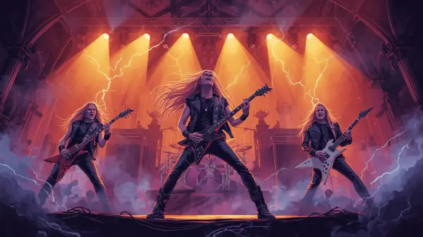 Panggung JogjaRockarta akan menyuguhkan legenda power metal asal Jerman, Helloween, bertepatan dengan tur 40 tahun Helloween yang siap mengguncang dengan melodi epik mereka. (Ilustrasi AI,Sumber: ChatGPt)