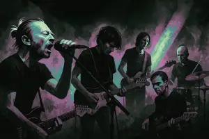 Radiohead Live On Stage: Thom Yorke, Jonny Greenwood, Ed O'Brien, Colin Greenwood, dan Phil Selway Membawakan Energi Melankolik dan Atmosferik di Tur Eropa 2024. (Ilustrasi AI: ChatGPt)
