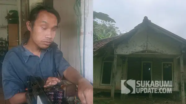 Sunandi saat menyervis barang-barang elektronik dan (Kanan) rumah tua lapuk yang ditinggali seorang diri. (Sumber : SU/Ragil Gilang).