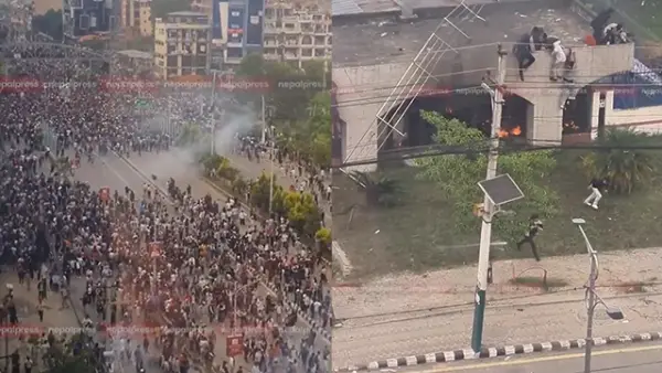 Potret suasana mencekam di Nepal, dalam aksi protes terkait larangan Medsos dan Korupsi yang merajalela. (Sumber : Screenshot Video X/@NepalPressnp).