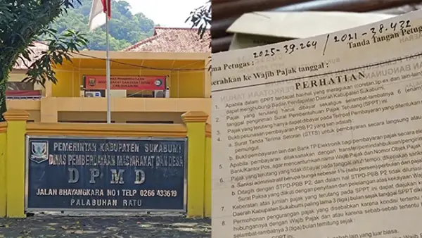 Kantor DPMD kabupaten Sukabumi (Kiri) dan Screenshot Video dugaan adanya penyelewengan pembayaran PBB (Kanan). (Sumber : Foto DPMD SU/Ilyas/Facebook Uswatul Zazilah.).