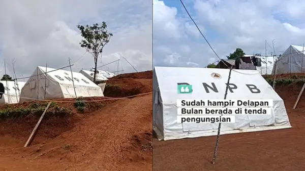 Kondisi tenda pengungsian yang ditempati oleh Warga dari Kampung Cirehong dan Kampung Cicau, Kecamatan Lengkong, Kabupaten Sukabumi. (Sumber : Screenshot Video Facebook/@INFO Lengkong).