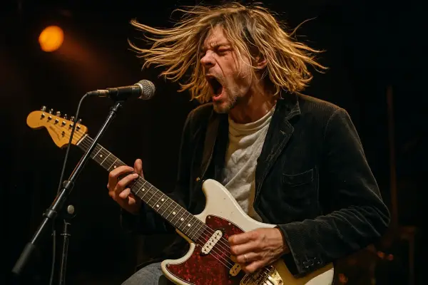 Kurt Cobain sering dianggap sebagai ikon Grunge, ikon generasi yang membawa energi emosional dan keras ke atas panggung musik rock. (Gambar Ilustrasi AI: ChatGPt)