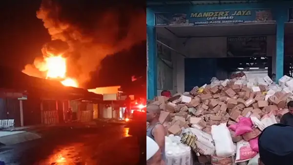 Potret satu buah kios gudang Sembako Mandiri Jaya yang dilalap sijago merah pada Rabu (17/09/2025). (Sumber : Dok warga).