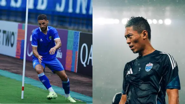 Luciano Guaychochea (kiri) dan Shawl Anuar (Kanan) tengah melakukan persiapan jelang laga perdana ACL Two malam nanti. (Sumber: Instagram/@persib & @lioncitysailors.fc)