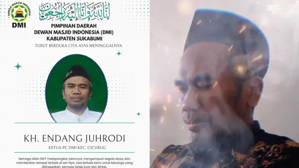 Kolase foto ucapan duka dari DMI Kabupaten Sukabumi dan tangkapan layar video story WA KH Endang Juhrodi sebelum meninggal dalam kecelakaan di Tikungan Cikidang Sukabumi. (Sumber : Istimewa)