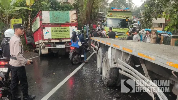 kecelakaan tabrakan truk di di Jalan Raya Pelabuhan II Km 18, Kampung Cilangkap, RT 03/04, Desa Cikembar, Kecamatan Cikembar, Kabupaten Sukabumi, Sabtu (20/9/2025) (Sumber: dok warga)