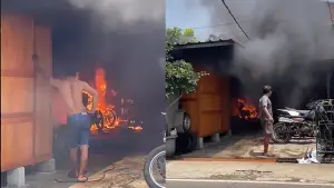 Kebakaran menimpa sebuah bengkel kendaraan bermotor di Kampung Ciawitali RT 026/009, Kelurahan Jampangkulon, Kecamatan Jampangkulon, Kabupaten Sukabumi, pada Rabu (24/9/2025). (Sumber : Facebook/@ Adis Munggaran).