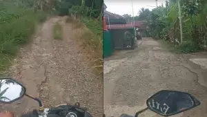 Jalan rusak di Kampung Pasirjeungjing, Desa Babakan Panjang, Nagrak, Sukabumi | Foto : Dok. Warga