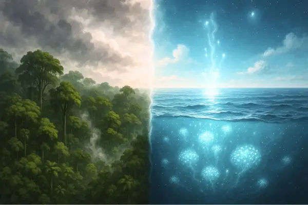 Hutan sering disebut paru-paru dunia, tapi faktanya 50-80% oksigen kita berasal dari fitoplankton di lautan, mengapa ancaman polusi laut bisa membahayakan pasokan oksigen global.(Ilustrasi AI: ChatGPt)