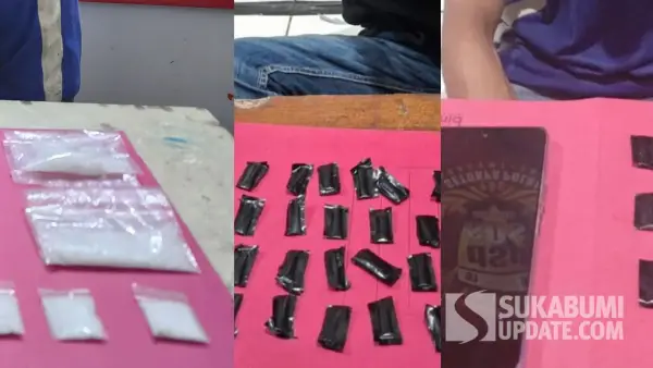 Tiga pengedar berikut barang buktinya saat diamankan polisi. (Sumber: Dok Polisi)