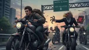 Ilustrasi pengejaran pengendara oleh mata elang. (Sumber: Ilustrasi oleh AI)