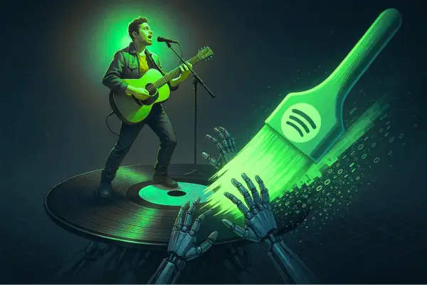 Spotify baru saja menghapus sekitar 75 juta lagu spam buatan AI untuk melindungi royalti artis & kualitas platform. (Ilustrasi AI: ChatGPt)