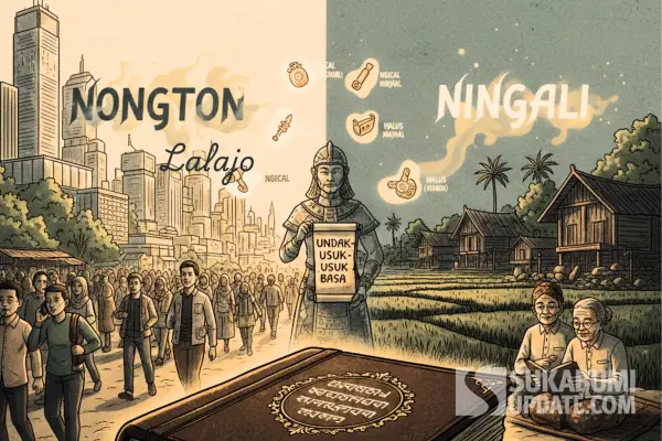 Kosa kata Sunda yang unik dan formal seperti Nyukcruk (Memberi) dan Ngical (Menjual) kini tergeser dari percakapan sehari-hari, menyoroti tantangan dalam merawat kedalaman budaya  tatakrama bahasa Sunda. (Ilustrasi AI: ChatGPt)